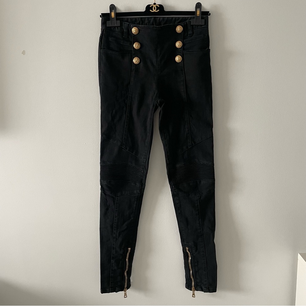 Balmain black skinny moto jeans size FR 36 US 4 6 gold buttons 6 pockets zippers
